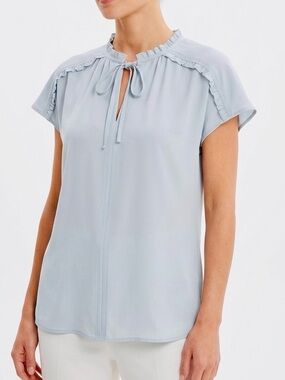 LOFT Silky Light Blue Ruffle Tie-Neck Blouse w Thin Back